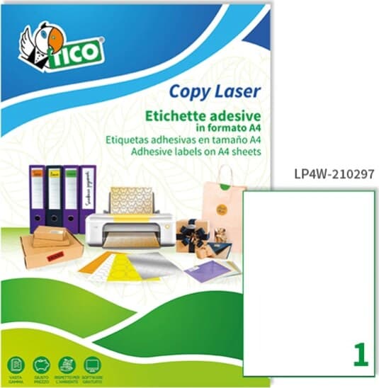 Etichetta adesiva LP4W Tico - bianco - 210x297 mm - 1 etichetta per foglio - conf. 100 fogli A4 Cancelleria e prodotti per ufficio/Archivio ufficio e accessori per scrivania/Etichette divisori per schedario e timbri/Etichette ed etichette adesive/Etichette per stampanti Eurocartuccia - Pavullo, Commerciovirtuoso.it