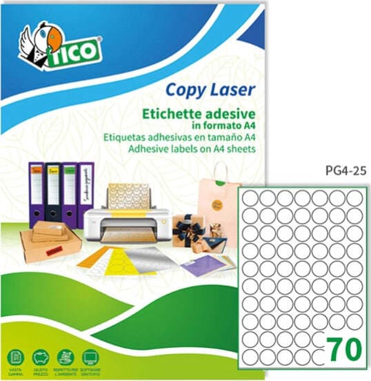 Etichetta adesiva PG4 - permanente - tonda D 25 mm - 70 etichette per foglio - bianco lucida - Tico - conf. 100 fogli A4 Cancelleria e prodotti per ufficio/Archivio ufficio e accessori per scrivania/Etichette divisori per schedario e timbri/Etichette ed etichette adesive/Etichette per stampanti Eurocartuccia - Pavullo, Commerciovirtuoso.it