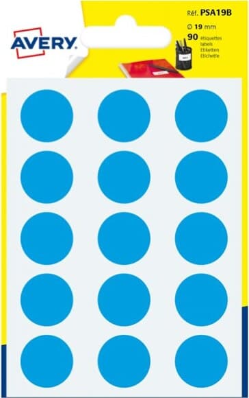 Etichetta adesiva tonda PSA - permanente - D 19 mm - blu - Avery - blister 90 etichette Cancelleria e prodotti per ufficio/Archivio ufficio e accessori per scrivania/Etichette divisori per schedario e timbri/Etichette ed etichette adesive/Etichette per stampanti Eurocartuccia - Pavullo, Commerciovirtuoso.it