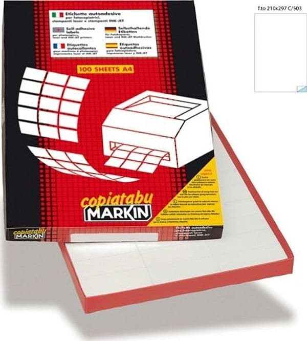 Etichetta in poliestere C503 - adatta a stampanti laser - permanente - 210 x 297 mm - 1 etichetta per foglio - trasparente lucido - Markin - conf. 50 fogli A4 Cancelleria e prodotti per ufficio/Archivio ufficio e accessori per scrivania/Etichette divisori per schedario e timbri/Etichette ed etichette adesive/Etichette per stampanti Eurocartuccia - Pavullo, Commerciovirtuoso.it