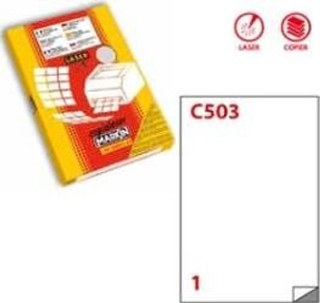 Etichetta in poliestere C503 - adatta a stampanti laser - permanente - 210x297 mm - 1 etichette per foglio - bianco opaco - Markin - scatola da 50 fogli A4 Cancelleria e prodotti per ufficio/Archivio ufficio e accessori per scrivania/Etichette divisori per schedario e timbri/Etichette ed etichette adesive/Etichette per stampanti Eurocartuccia - Pavullo, Commerciovirtuoso.it