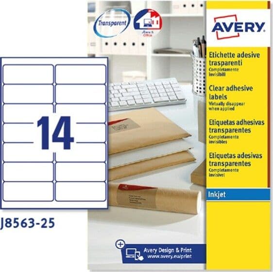 Etichetta in poliestere J8563 - adatta a stampanti inkjet - 99 1 x 38 1 mm - 14 etichette per foglio - trasparente - Avery - conf. 25 fogli A4 Cancelleria e prodotti per ufficio/Archivio ufficio e accessori per scrivania/Etichette divisori per schedario e timbri/Etichette ed etichette adesive/Etichette per stampanti Eurocartuccia - Pavullo, Commerciovirtuoso.it