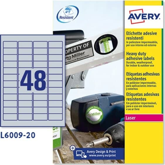 Etichetta in poliestere L6009 - adatta a stampanti laser - permanente - 45 7x21 2 mm - 48 etichette per foglio - argento - Avery - conf. 20 fogli A4 Cancelleria e prodotti per ufficio/Archivio ufficio e accessori per scrivania/Etichette divisori per schedario e timbri/Etichette ed etichette adesive/Etichette per stampanti Eurocartuccia - Pavullo, Commerciovirtuoso.it