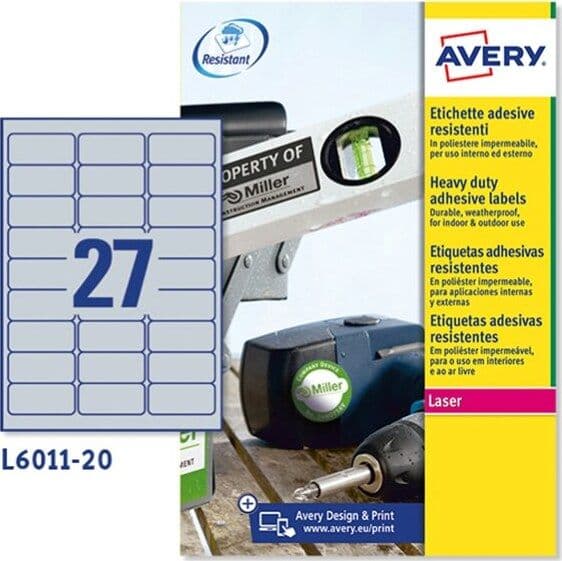 Etichetta in poliestere L6011 - adatta a stampanti laser - permanente - 63 5x29 6 mm - 27 etichette per foglio - argento - Avery - conf. 20 fogli A4 Cancelleria e prodotti per ufficio/Archivio ufficio e accessori per scrivania/Etichette divisori per schedario e timbri/Etichette ed etichette adesive/Etichette per stampanti Eurocartuccia - Pavullo, Commerciovirtuoso.it
