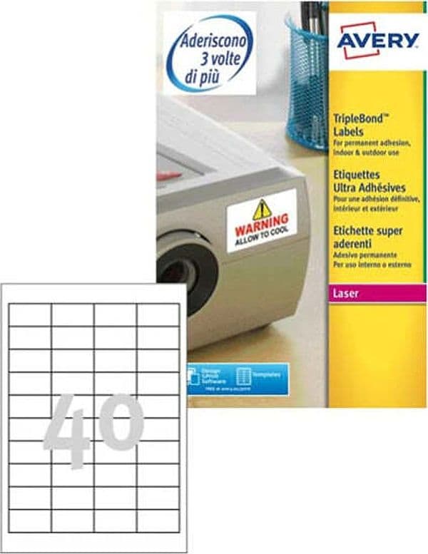Etichetta in poliestere L6140 - adatta a stampanti laser - permanente - Extra Strong - 45 7 x 25 4 mm - 40 etichette per foglio - bianco - Avery - conf. 20 fogli A4 Cancelleria e prodotti per ufficio/Archivio ufficio e accessori per scrivania/Etichette divisori per schedario e timbri/Etichette ed etichette adesive/Etichette per stampanti Eurocartuccia - Pavullo, Commerciovirtuoso.it