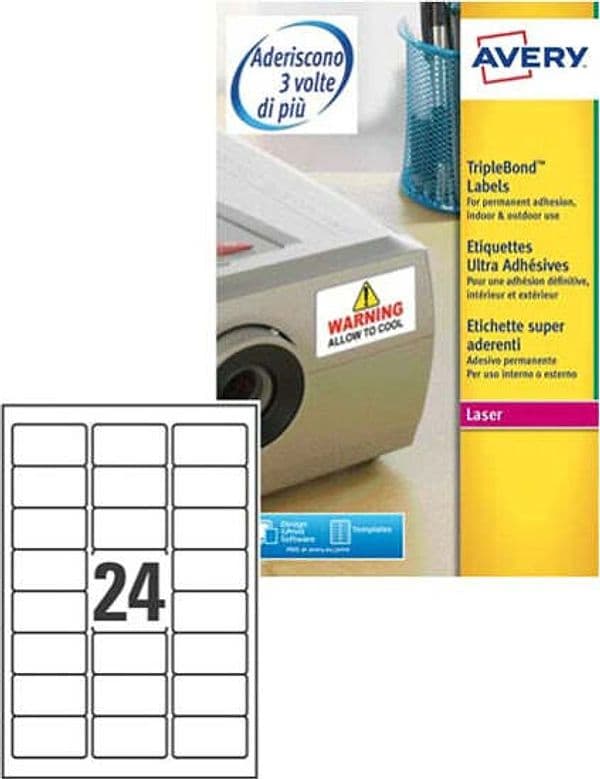 Etichetta in poliestere L6141 - adatta a stampanti laser - permanente - 63 5 x 33 9 mm - 24 etichette per foglio - trasparente - Avery - conf. 20 fogli A4 Cancelleria e prodotti per ufficio/Archivio ufficio e accessori per scrivania/Etichette divisori per schedario e timbri/Etichette ed etichette adesive/Etichette per stampanti Eurocartuccia - Pavullo, Commerciovirtuoso.it
