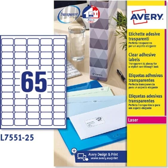 Etichetta in poliestere L7551 - adatta a stampanti laser - permanente - 38 1x21 2 mm - 65 etichette per foglio - trasparente - Avery - conf. 25 fogli A4 Cancelleria e prodotti per ufficio/Archivio ufficio e accessori per scrivania/Etichette divisori per schedario e timbri/Etichette ed etichette adesive/Etichette per stampanti Eurocartuccia - Pavullo, Commerciovirtuoso.it