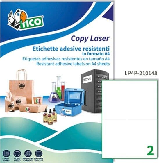Etichetta in poliestere LP4P - adatta a stampanti laser - permanente - 210x148 mm - 2 etichette per foglio - bianco - Tico - conf. 70 fogli A4 Cancelleria e prodotti per ufficio/Archivio ufficio e accessori per scrivania/Etichette divisori per schedario e timbri/Etichette ed etichette adesive/Etichette per stampanti Eurocartuccia - Pavullo, Commerciovirtuoso.it