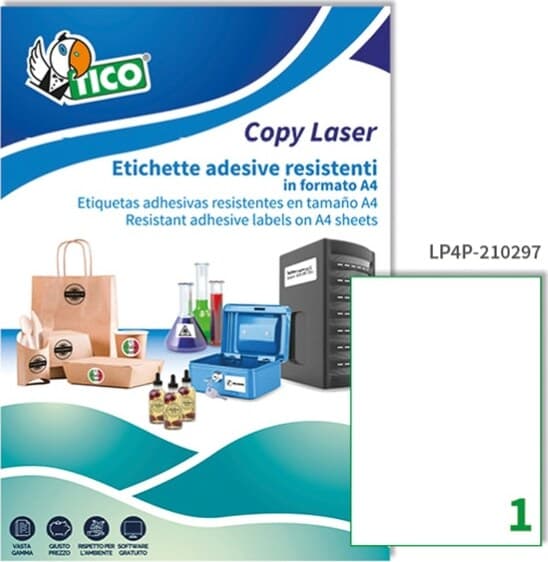 Etichetta in poliestere LP4P - adatta a stampanti laser - permanente - 210x297 mm - 1 etichetta per foglio - bianco - Tico - conf. 70 fogli A4 Cancelleria e prodotti per ufficio/Archivio ufficio e accessori per scrivania/Etichette divisori per schedario e timbri/Etichette ed etichette adesive/Etichette per stampanti Eurocartuccia - Pavullo, Commerciovirtuoso.it