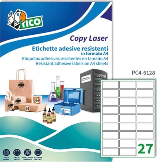 Etichetta in poliestere PC4 - adatta a stampanti laser - permanente - 61x286 mm - 27 etichette per foglio - trasparente - Tico - conf. 100 fogli A4 Cancelleria e prodotti per ufficio/Archivio ufficio e accessori per scrivania/Etichette divisori per schedario e timbri/Etichette ed etichette adesive/Etichette per stampanti Eurocartuccia - Pavullo, Commerciovirtuoso.it