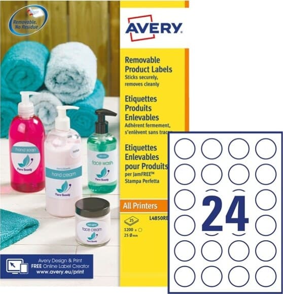 Etichette adesive L4850 - carta bianca - rimovibile - adatta per stampati laser-inkjet - D 37 mm - 24 etichette per foglio - Avery - conf. 25 fogli A4 Cancelleria e prodotti per ufficio/Archivio ufficio e accessori per scrivania/Etichette divisori per schedario e timbri/Etichette ed etichette adesive/Etichette per stampanti Eurocartuccia - Pavullo, Commerciovirtuoso.it