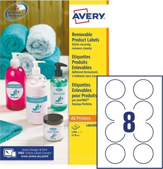 Etichette adesive L4850 - carta bianca - rimovibile - adatta per stampati laser-inkjet - D 63 5 mm - 8 etichette per foglio - Avery - conf. 25 fogli A4 Cancelleria e prodotti per ufficio/Archivio ufficio e accessori per scrivania/Etichette divisori per schedario e timbri/Etichette ed etichette adesive/Etichette per stampanti Eurocartuccia - Pavullo, Commerciovirtuoso.it