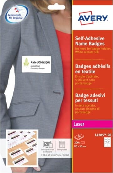 Etichette badge in seta acetata - 80 x 50 mm - 20 fogli (10 et-fg) - laser - Avery Cancelleria e prodotti per ufficio/Archivio ufficio e accessori per scrivania/Etichette divisori per schedario e timbri/Etichette ed etichette adesive/Etichette per stampanti Eurocartuccia - Pavullo, Commerciovirtuoso.it
