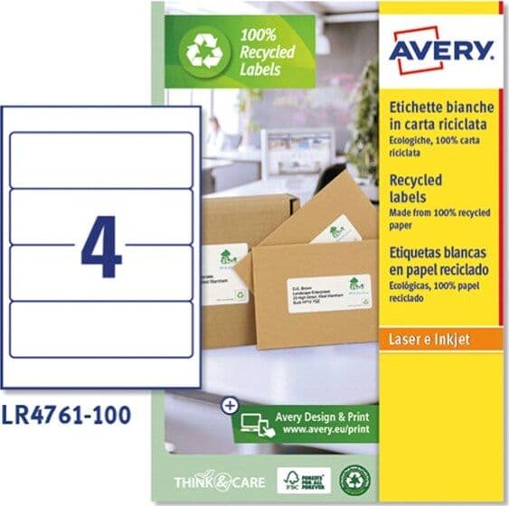 Etichette per raccoglitori in carta riciclata - 61 x192 mm - 4 et- fg - bianca - laser - Avery - conf. 100 fogli Cancelleria e prodotti per ufficio/Archivio ufficio e accessori per scrivania/Etichette divisori per schedario e timbri/Etichette ed etichette adesive/Etichette per stampanti Eurocartuccia - Pavullo, Commerciovirtuoso.it