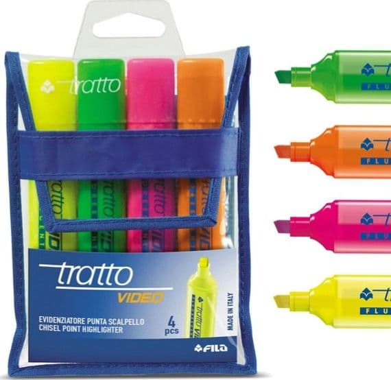 Evidenziatore Tratto Video - punta a scalpello - tratto da 1 0-5 0mm - astuccio 4 colori - Tratto Cancelleria e prodotti per ufficio/Penne matite scrittura e correzione/Marcatori ed evidenziatori/Marcatori cancellabili a secco e liquidi Eurocartuccia - Pavullo, Commerciovirtuoso.it