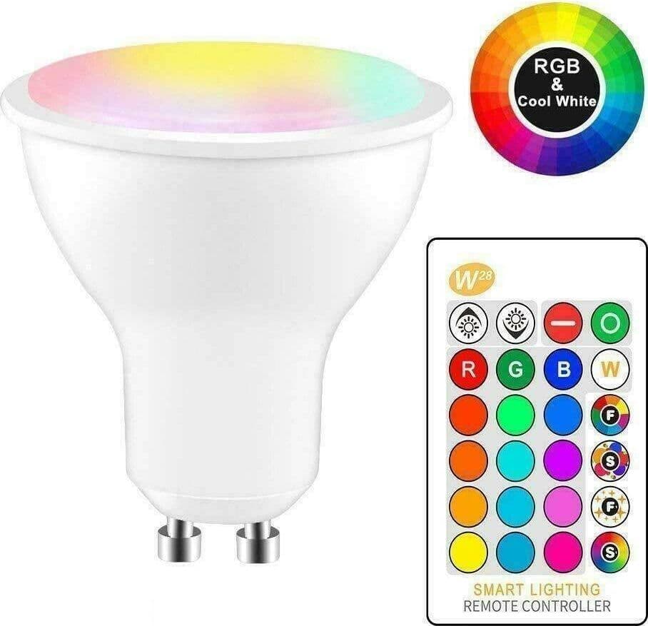 Faretto-Rgb+white-5w-Gu10-Lampadina-Led-Cambiacolore-Telecomando-Cromoterapia