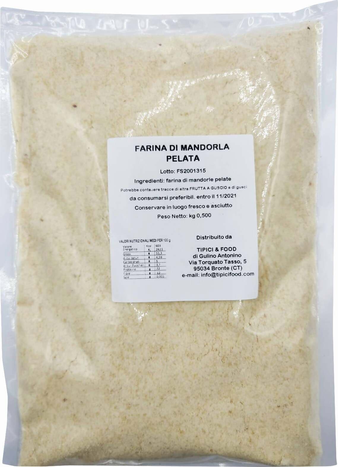 Farina di Mandorla Pelata 100% SICILIA 500gr farina italiana di mandorle pelate 100% Made in Italy per Torte, Biscotti e Creme. farina Tipici & Food - Bronte, Commerciovirtuoso.it