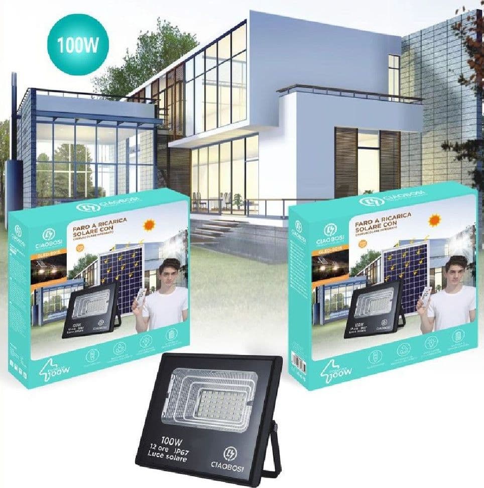 Faro Faretto Led Pannello Solare Fotovoltaico 100w Con Crepuscolare Ip67 Led-9015 Illuminazione/Illuminazione per esterni/Proiettori Trade Shop italia - Napoli, Commerciovirtuoso.it