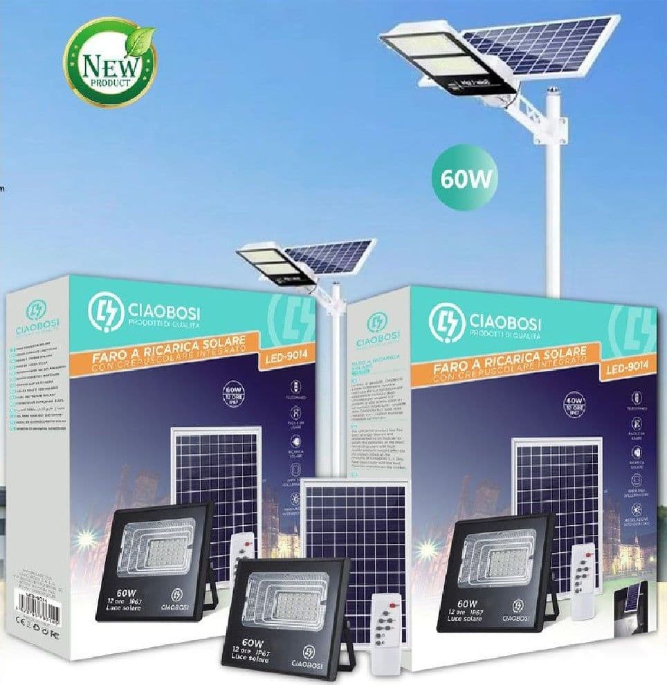 Faro Faretto Led Pannello Solare Fotovoltaico 60w Con Crepuscolare Ip67 Led-9014 Illuminazione/Illuminazione per esterni/Proiettori Trade Shop italia - Napoli, Commerciovirtuoso.it