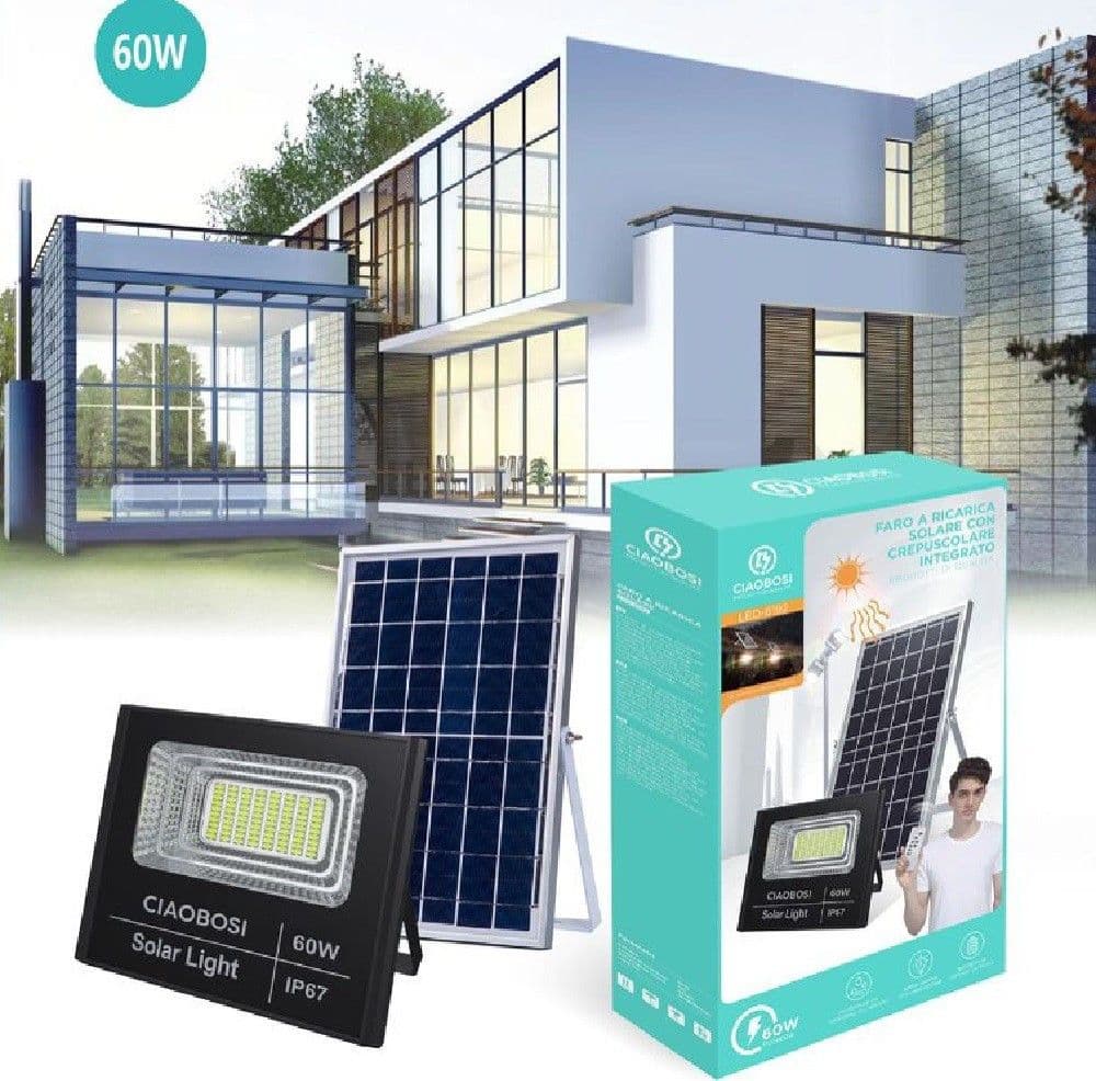 Faro Faretto Led Pannello Solare Fotovoltaico Ip67 60 W Con Telecomando Led-8192 Illuminazione/Illuminazione per esterni/Proiettori Trade Shop italia - Napoli, Commerciovirtuoso.it