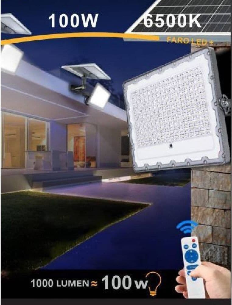 Faro-Led-100-Watt-Crepuscolare-Pannello-Energia-Solare-Telecomando-Ip65-Sl-100w