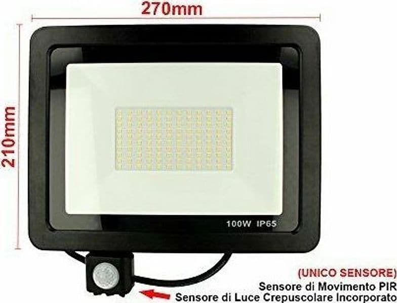 Faro LED 100W Faretto Slim Con Sensore Movimento PIR luce fredda 6000k IP66 Illuminazione/Illuminazione per esterni/Proiettori Zencoccostore - Formia, Commerciovirtuoso.it