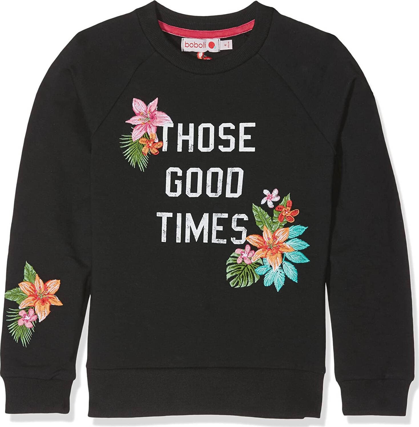 Felpa Nera Bambina Stampata Ricamata Fiori Maglia in Cotone Girocollo Maniche Lunghe Polsini Bimba Felpa Nera Colorata felpa bambina Piccole Canaglie - Tropea, Commerciovirtuoso.it