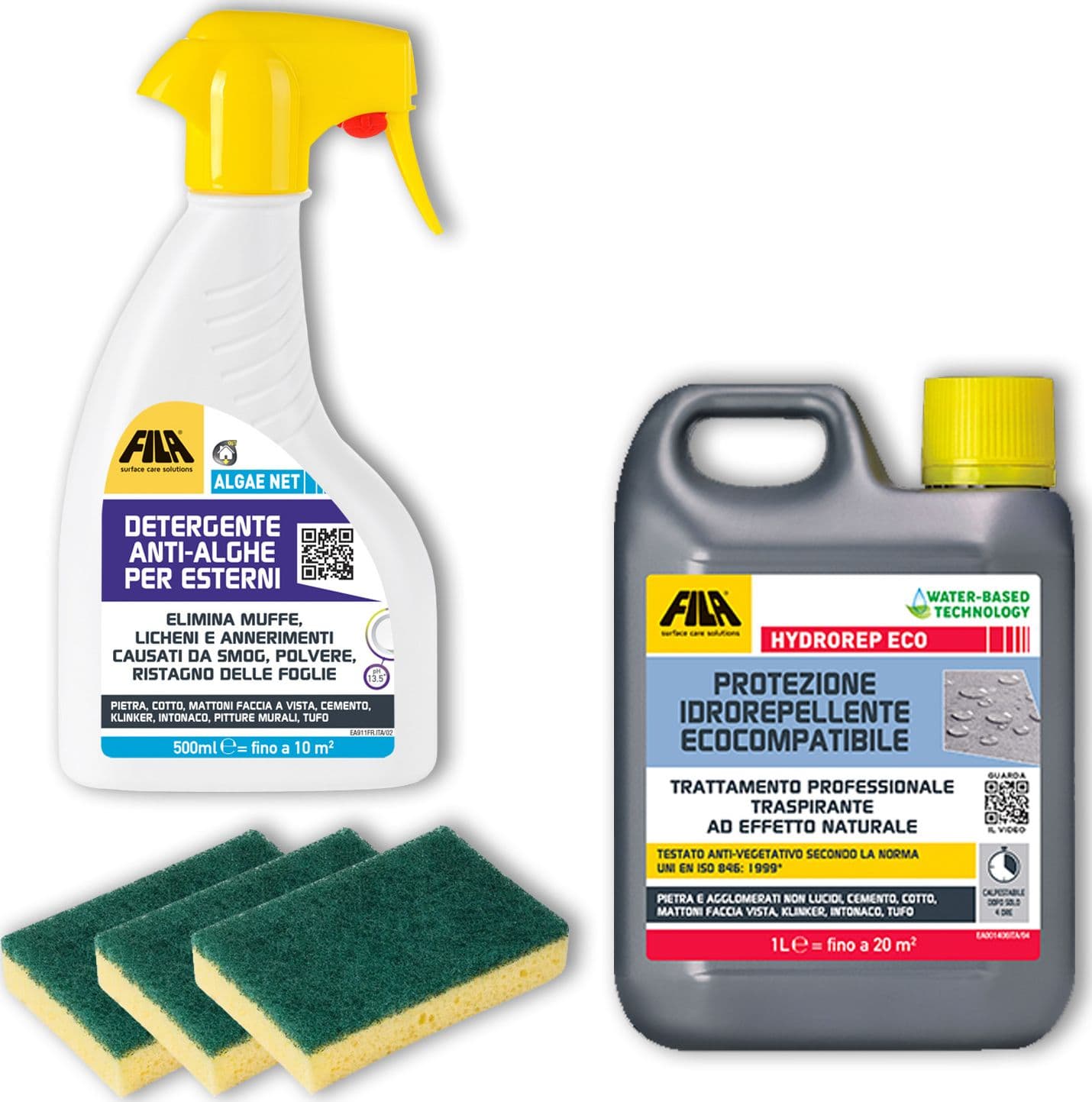 FILA-ALGAENET-ML.500-+-FILA-HYDROREP-ECO-LT.1-+-Spugne-Abrasive-per-rimuovere-Muschi-e-Licheni