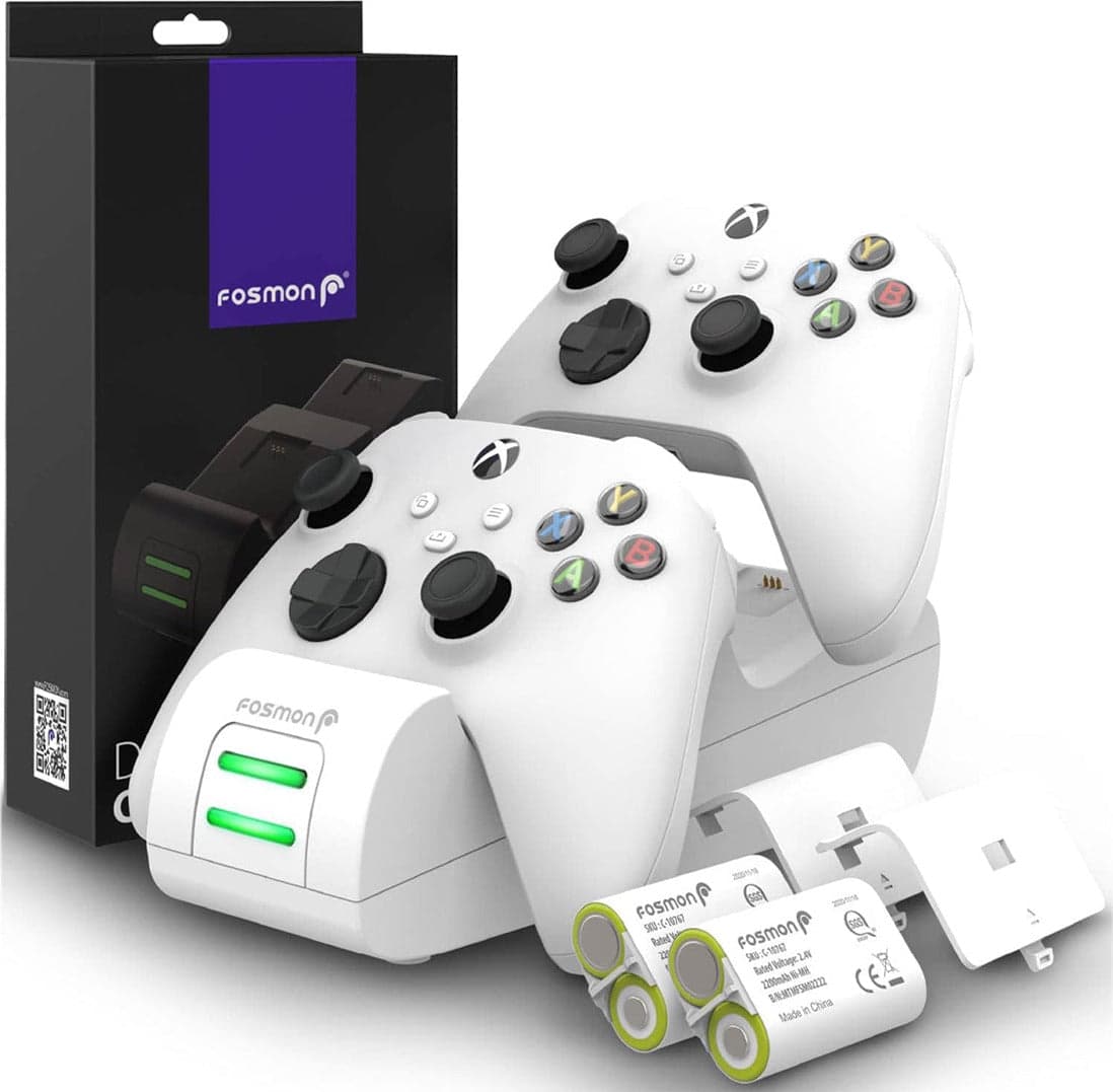 Fosmon DUAL 2 MAX Stazione di Ricarica Compatibile con Controller Xbox Series X S Xbox One One X One S Elite (Dual Slot) + 2x Batterie Ricaricabili 2200mAh in Kit di batterie e caricatore 85cento.it - Potenza, commercioVirtuoso.it