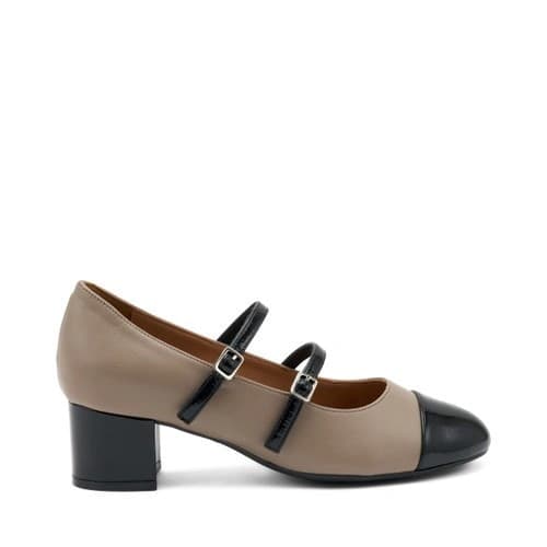 Frau-ballerina-Mary-Jane-in-pelle-tortora-e-vernice-nero-66N7