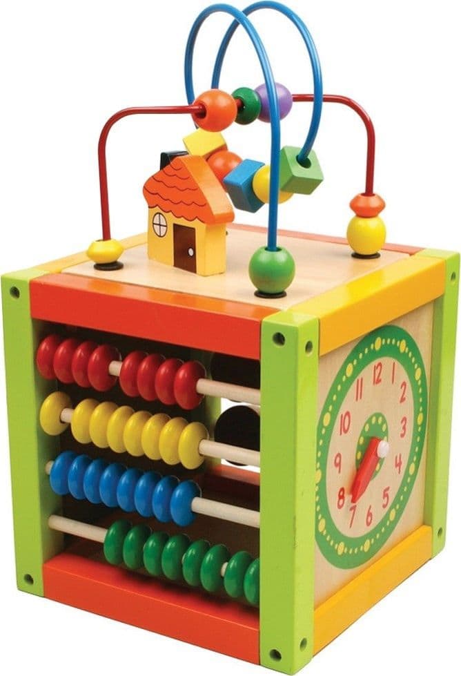 GIOCATTOLO CUBO ATTIVITA PER BAMBINI IN LEGNO CON GIOCO PALLOTTOLIERE ABACO 16CM