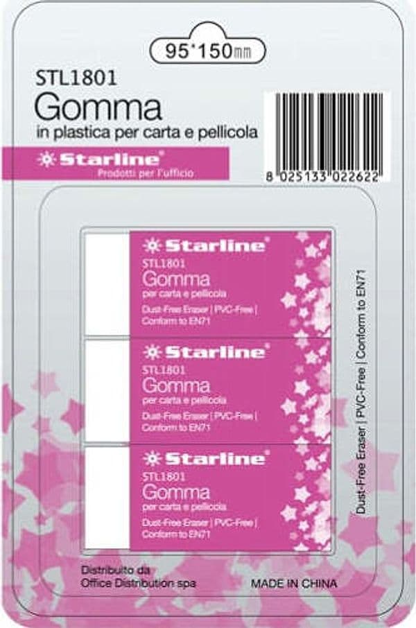Gomma per carta e pellicola - 60x24x14mm - bianco - Starline - conf. 3 pezzi Cancelleria e prodotti per ufficio/Penne matite scrittura e correzione/Correttori e gomme/Gomme Eurocartuccia - Pavullo, Commerciovirtuoso.it