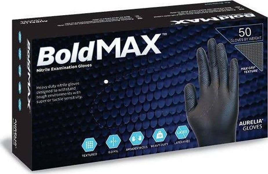 Guanti In Nitrile Neri Aurelia Gloves Bold Max 50 Pz. Neri Spessore 8.8 gr. DPI monouso Senza Polvere 6mil Latex Free Nero in Monouso Dresswork - Como, commercioVirtuoso.it