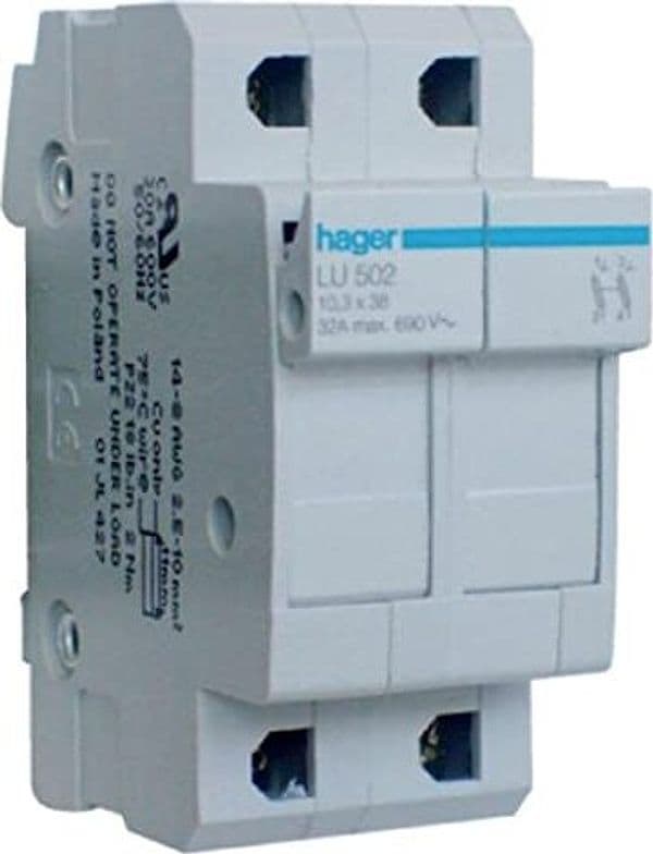 HAGER---BASE-PER-FUSIBILI-CILINDRICI---UL.10,3x38-LU.502---32A-MAX.690V---2-POLI-E-MODULI