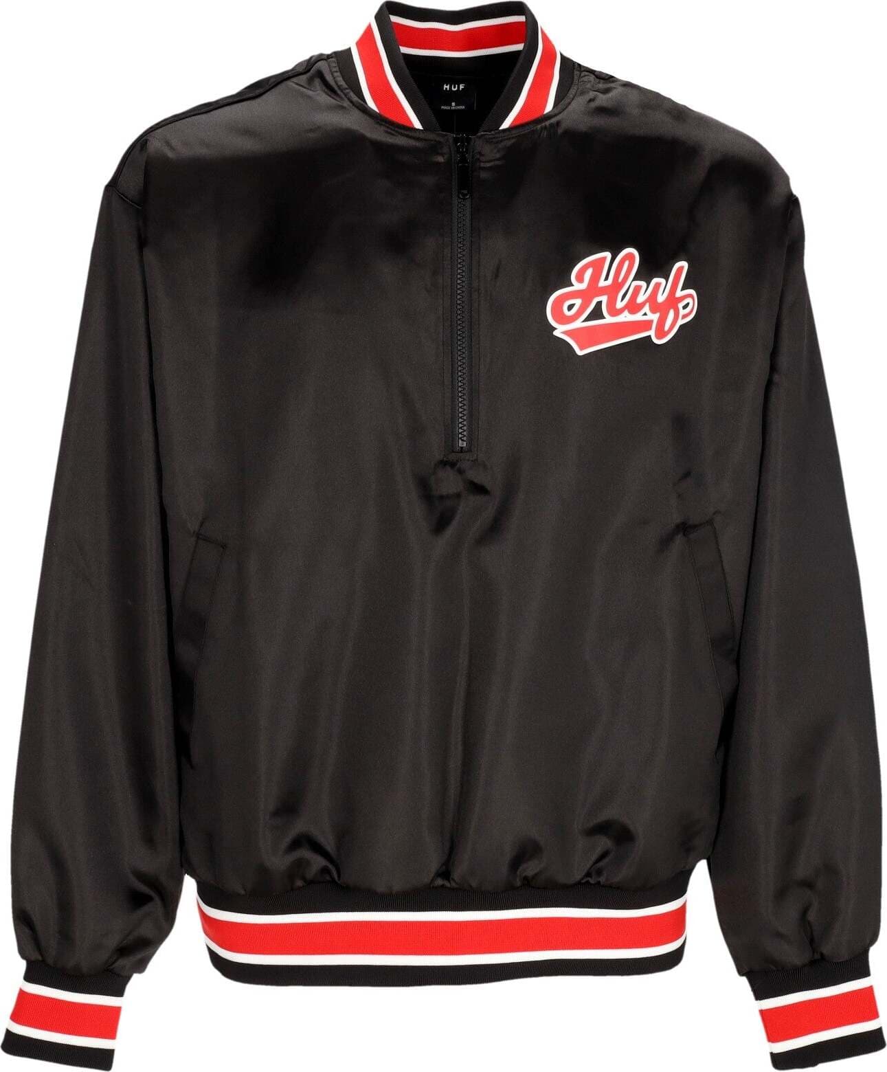 HUF-Giubbotto-Bomber-Uomo-Pop-Fly-Satin-Baseball-Jacket-Black-da-uomo