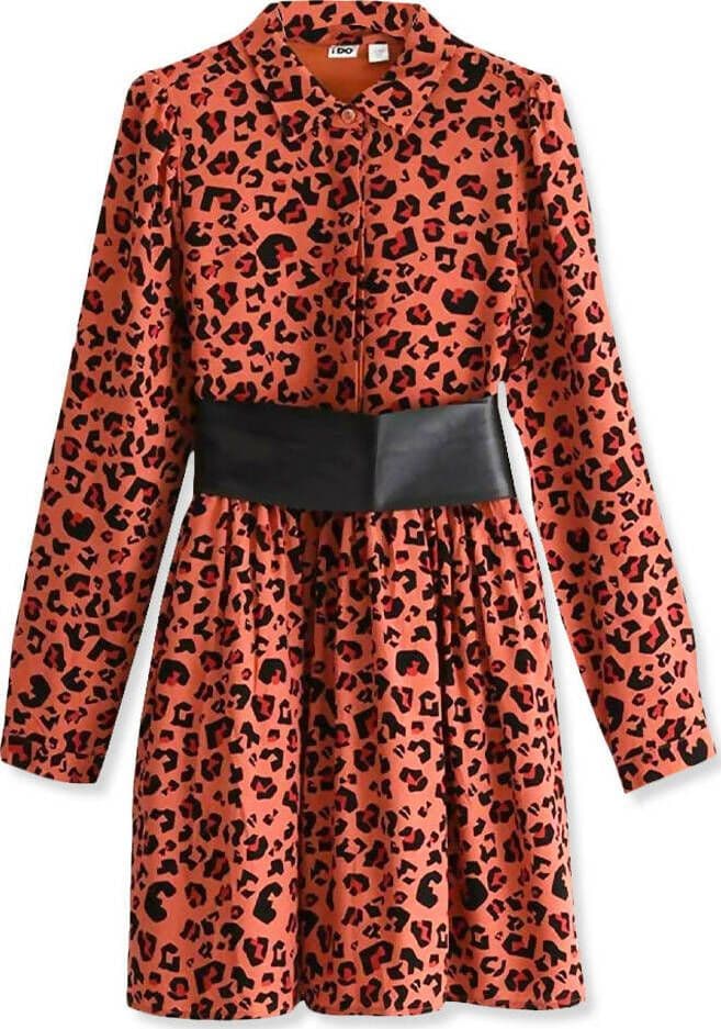 Ido Vestito Corto Bambina In Viscosa Con Stampa Animalier Rosso Maniche Lunge Abitoo Bimba Colletto Classico E Chiusura Con Bottoni