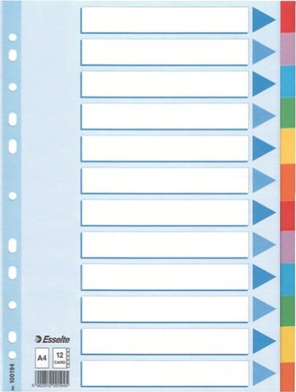 Intercalare cartoncino -12 tasti colorati - A4- Esselte Cancelleria e prodotti per ufficio/Archivio ufficio e accessori per scrivania/Archivio ufficio/Cartelle sospese e accessori/Indici per cartelle sospese Eurocartuccia - Pavullo, Commerciovirtuoso.it