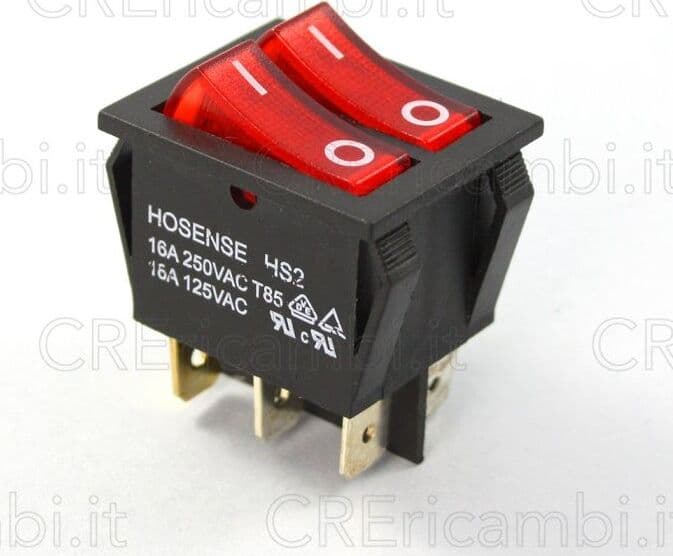 Interruttore Luminoso Doppio, Rosso, 16A, 26x21.5mm, 6 Faston da 6.3mm
