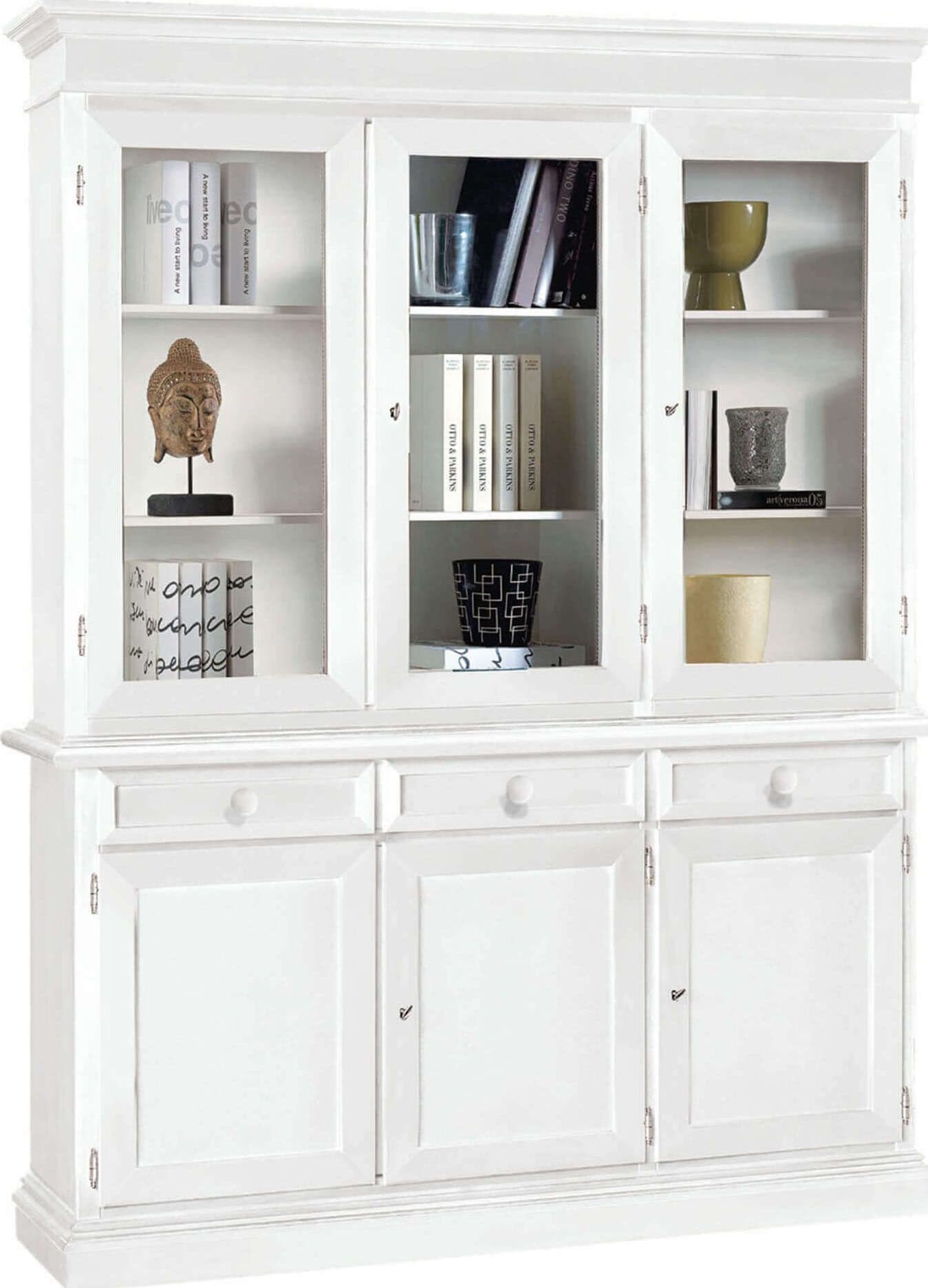 JAQUELINE---credenza-con-vetrina-in-legno-massello-156x42x205-Bianco-Milani-Home