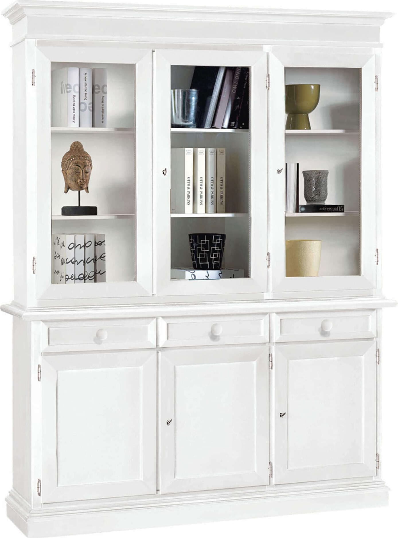 JAQUELINE---credenza-con-vetrina-in-legno-massello-156x42x205-Bianco-Milani-Home