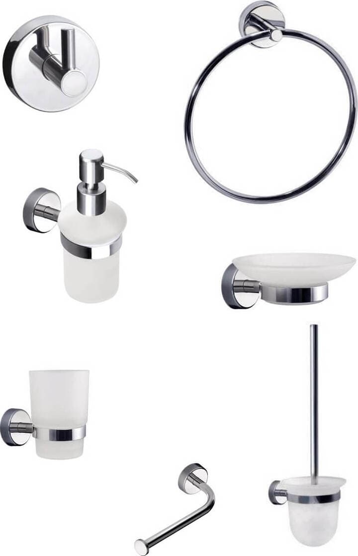 Karag Set Completo Accessori Bagno Vetro Temperato e Finitura Cromata Design Moderno Kit 7 Pezzi. 2x porta asciugamani 1x Porta Rotolo 3x Porta Sapone/Spazzolini 1xPorta Scopino