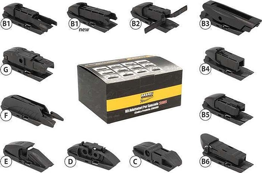 Kit-12-Attacchi-Connettori-Adattatori-Raccordi-Per-Spazzole-Tergicristallo-CARALL-S985-Flat-e-T191-Ibrida-Flat-e-T191-Ibrida