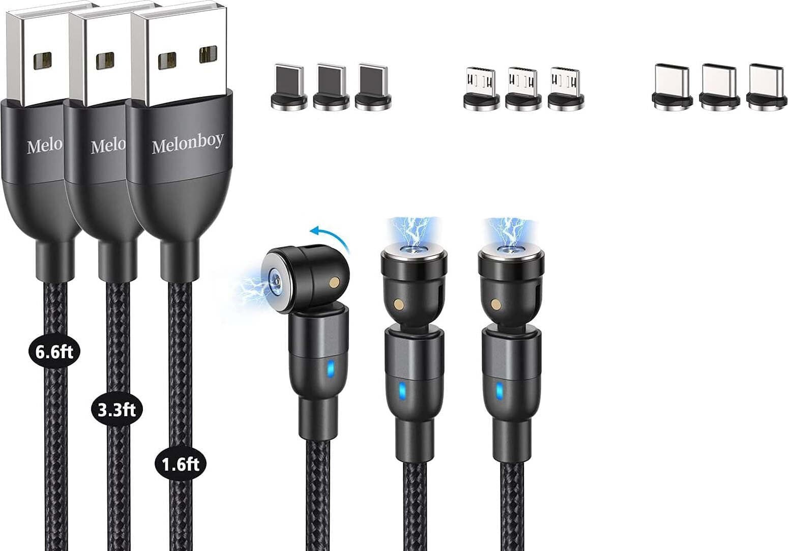 Kit 3 Cavi Magnetici USB 0.5m 1m 2m - 3 in 1 Rotante di 360°+180° Rivestimento Nylon adattatori Micro USB/Tipo C/i-P Nero in 85cento.it - Potenza, commercioVirtuoso.it