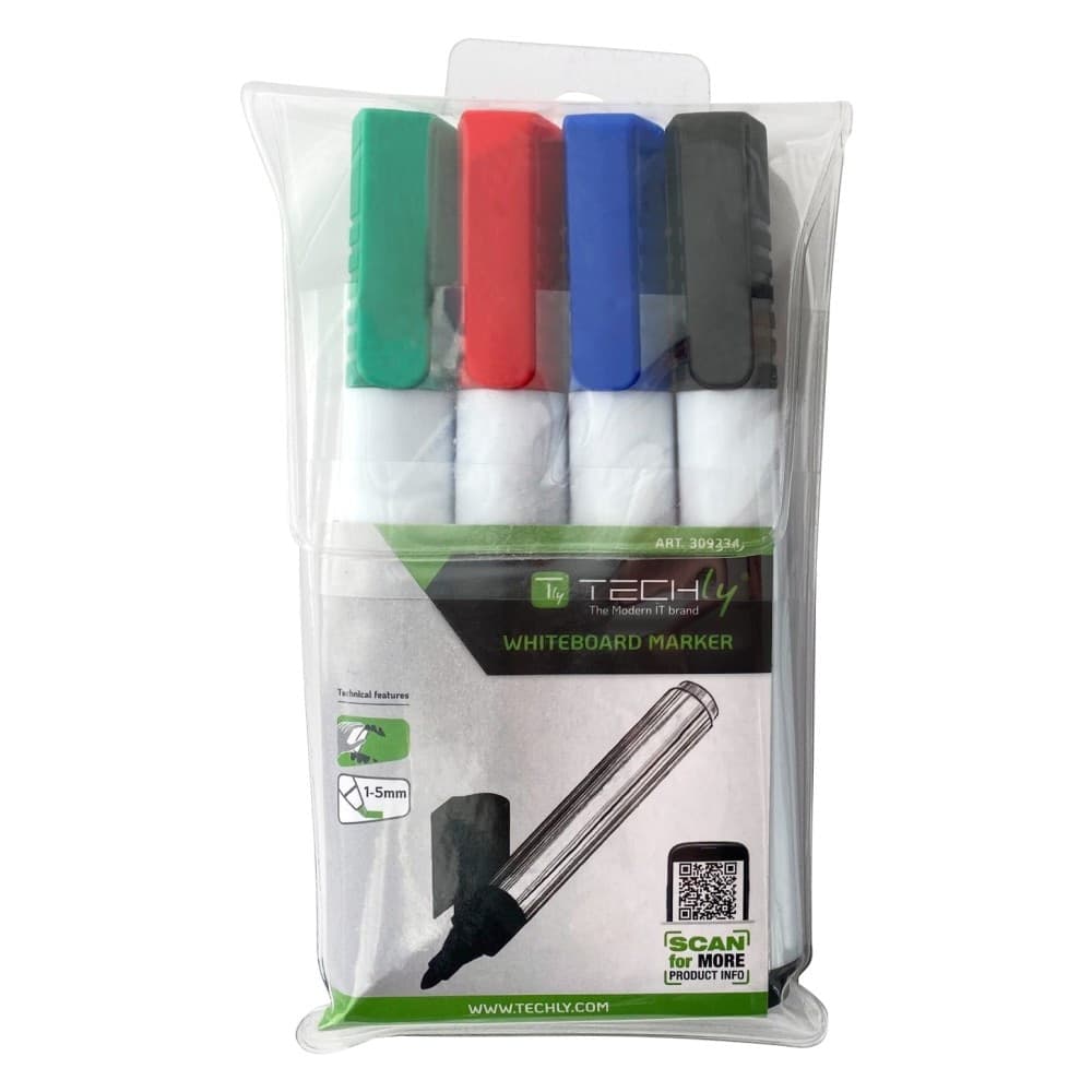 Kit-4-Pennarelli-Cancellabili-a-Secco-per-Lavagna-Rosso-Nero-Blu-Verde-Techly