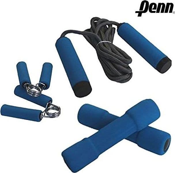 Kit-Completo-3-Pezzi-Ginnastica-Pesi-Stringenti-E-Corda-Per-Salto-Penn-Blu