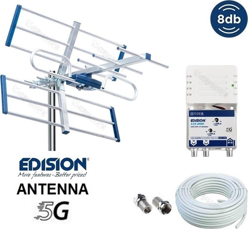 Kit-completo-Digitale-Terrestre-con-Antenna-Yagi-8dB-e-Amplificatore-Antenna-TV-di-linea-da-interno-24dB-Ingresso-/-2-Uscite