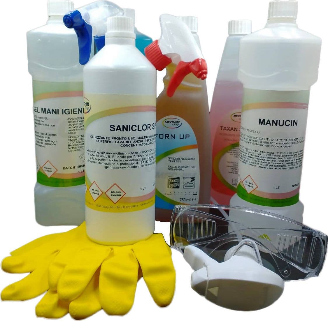 Kit Detergenza per Ristorazione o Generico Multiambiente 1Gel Igienizzante Mani +1Cloroattivo +1 Det. Base Alcool +1Igienizzante Profumato +1Anticalcare +1Decarbonizzante +1Det. Vetri Ecc. Mechim in Detergenti multiuso Dresswork - Como, commercioVirtuoso.it