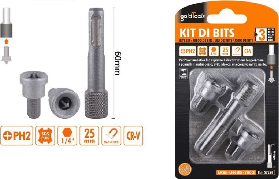 Kit Di Bits Inserti Per Avvitatore 2pz Da 25mm Ph2 + 1pz Da 60mm Magnetico 57254 Fai da te/Utensili elettrici e a mano/Accessori per utensili elettrici/Set punte per trapani Trade Shop italia - Napoli, Commerciovirtuoso.it
