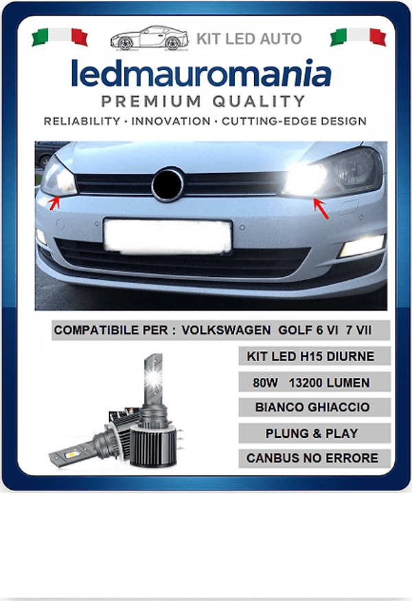 KIT LED H15 PER VOLKSWAGEN GOLF 7 CANBUS NO ERRORE LUCI DIURNE DRL+ABBAGLIANTI 80W 13200LUMEN BIANCO 6000K in Kit lampadine universali Solgeny - Besate, commercioVirtuoso.it