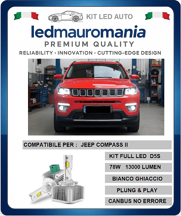 JEEP COMPASS II KIT LED D5S 78W CANBUS 6000K CONVERSIONE BI-XENON LUCE POTENTE E MODERNA